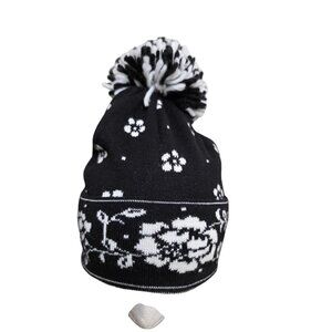 Kate Spade Black & White Floral Pom-Pom Knit Beanie Hat